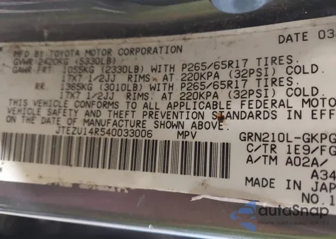 2004 Toyota 4Runner Sr5 V6 from USA, damaged, VIN JTEZU14R540033006